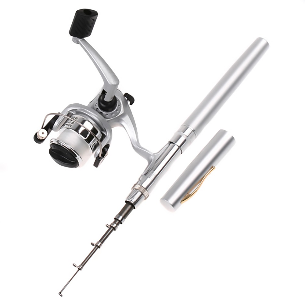 Fishing Rod Fly - คันเบ็ดตกปลาแบบพกพา คันเบ็ดแบบยืดหดได้ คันเบ็ดขนาดเล็กสีเงิน คันเบ็ดแบบปากกา คันเบ็ดน้ำหนักเบา รอกตกปลา