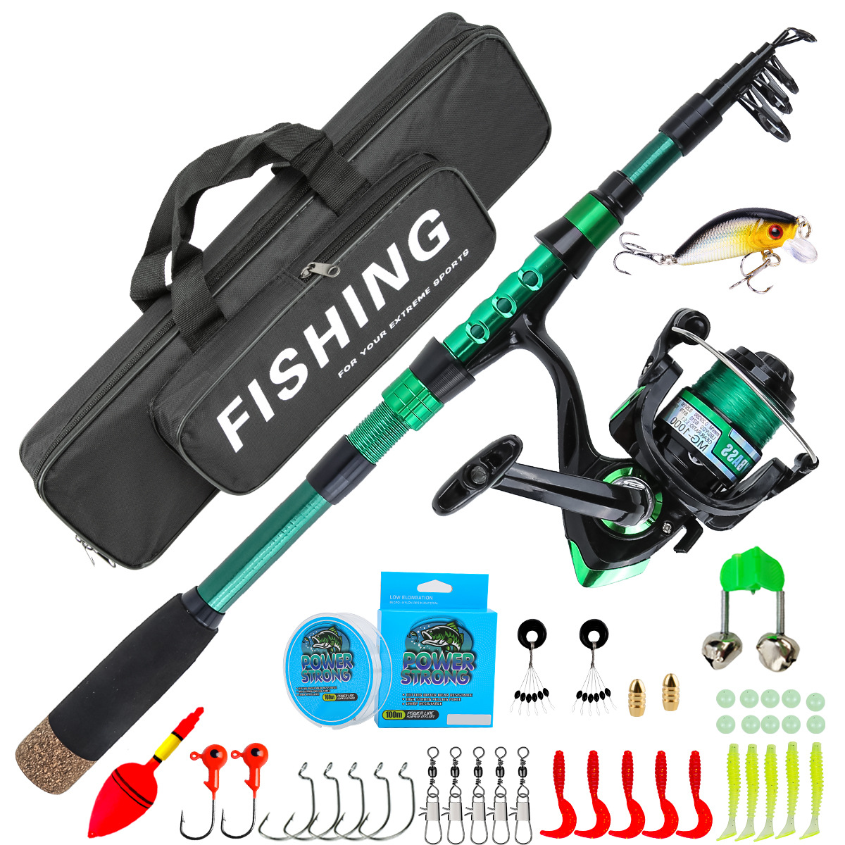 Fishing Rod Case - ชุดคันเบ็ดตกปลาทะเลแบบยืดหดได้ คาร์บอนไฟเบอร์สีเขียว 1.8 เมตร พร้อมอุปกรณ์ตกปลาครบชุดในกล่องเก็บของ