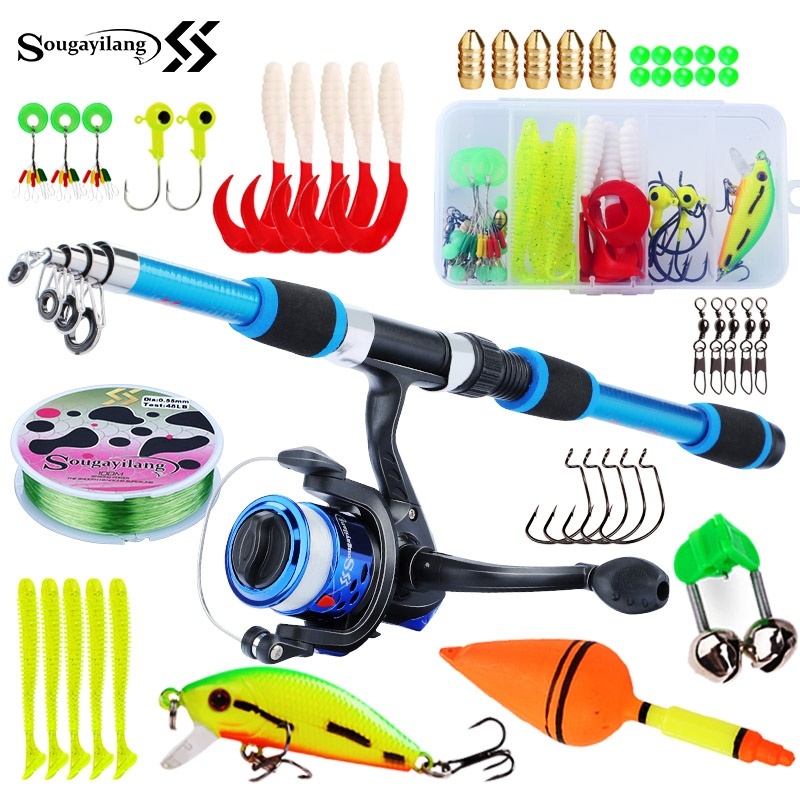 Fishing Rod Spinning - Sougayilang เด็กตกปลาชุดเสาชุดเต็มพร้อมคันเบ็ดยืดไสลด์และ Spinning Reel เหยื่อตะขอน้ําเค็ม Travel